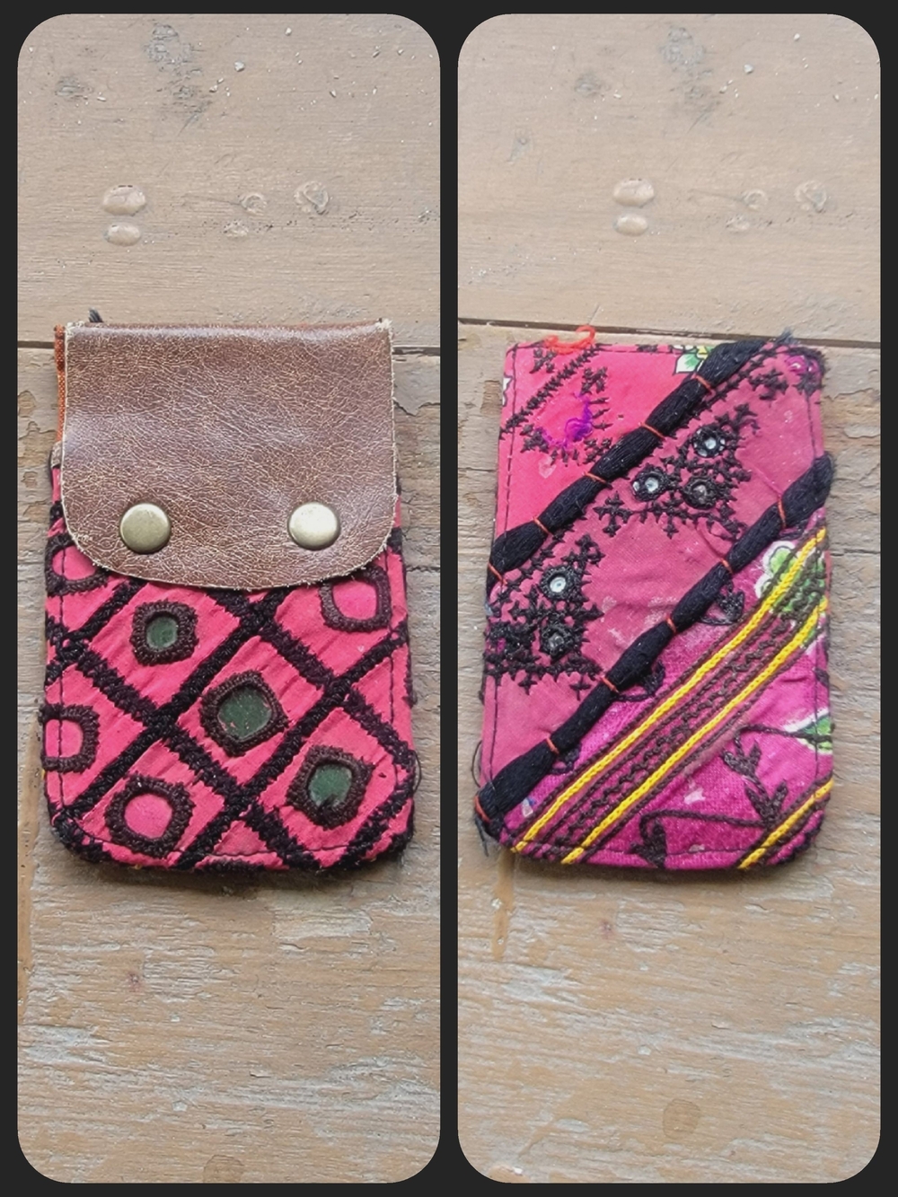 Free People embroidered banjara boho repurposed vtg leather wallet card case